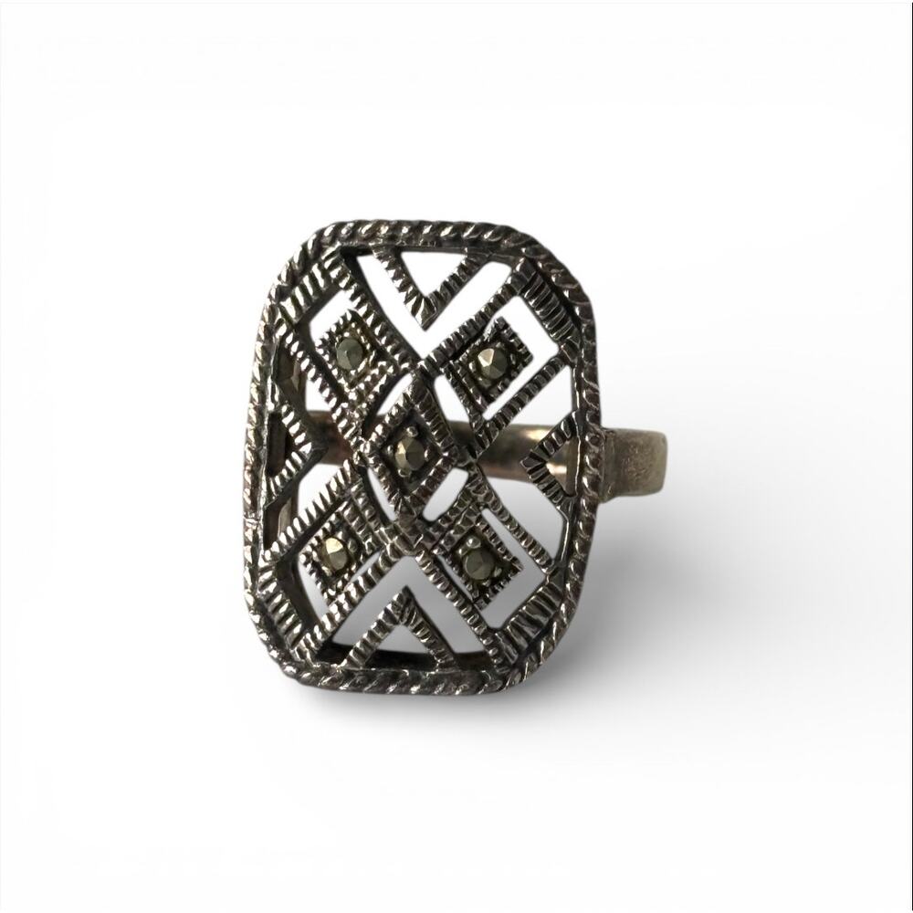 VTG Sterling Silver & Marcasites Rectangular Openwork Ring Size 5.75 - Tarnished